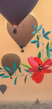 This phone live wallpaper features a colorful scene of hot air balloons flying over a bustling city, set against a surrealist painting of a mirrored flower, poppy fields, and a stunning sunset over a mountain range