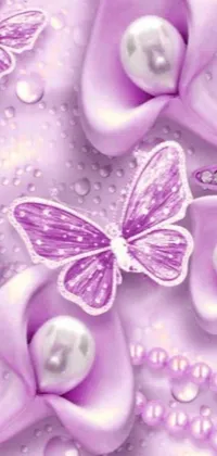 This phone live wallpaper showcases an artful display of purple flowers adorned with shimmering pearls and graceful butterflies