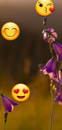 Looking for a fun and cheerful background for your phone? Check out this trending digital art live wallpaper featuring gorgeous purple flowers with smiley faces adorning their petals