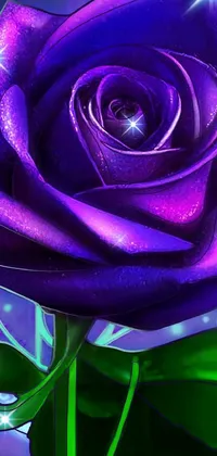 This stunning phone live wallpaper features a gorgeous digital painting of a purple rose on a green leaf