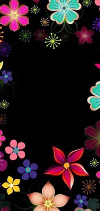 This live wallpaper features stunning vector art of colorful flowers arranged in a circular pattern on a black background