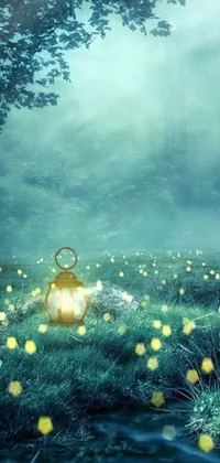 This phone live wallpaper features a beautifully designed lantern set amidst a green field, created using digital art