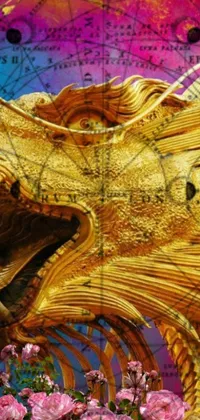 This mobile live wallpaper features a stunning digital rendering of a dragon statue on a map
