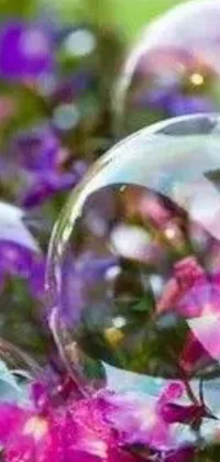This phone live wallpaper is a stunning display of bubbles floating on a lush green field, accented by a beautiful flower and crystal arrangement