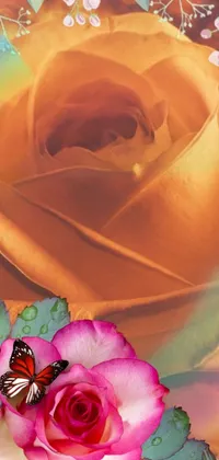 This live phone wallpaper showcases a digital rendering of a beautiful rose with a butterfly perched on it