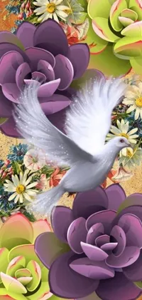 This phone live wallpaper showcases a stunning digital artwork of a bird flying over a bunch of flowers