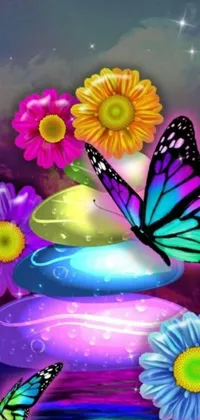 This phone live wallpaper is a stunning piece of digital art showcasing a beautiful butterfly perched on top of a colorful pile of flowers