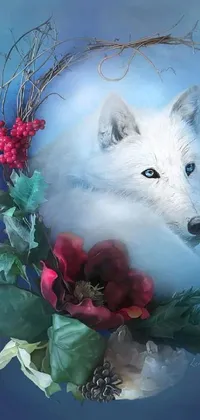 This phone live wallpaper features a beautiful airbrush painting of a white wolf in a wreath of flowers