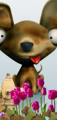 This phone live wallpaper showcases a cute digital rendering of a dog surrounded by colorful flowers
