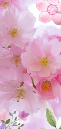 This charming phone live wallpaper showcases a bunch of lovely pink flowers, set against a serene garden backdrop and enhanced by flowing sakura silk
