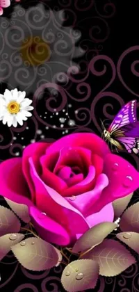 This live phone wallpaper showcases a stunning pink rose in full bloom with a charming ladybug crawling on one petal