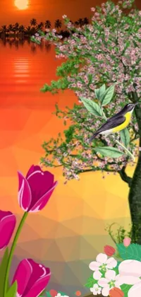 This live wallpaper showcases a colorful bird perched atop a tree branch amidst beautiful flowers