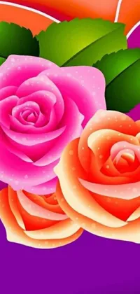 This stunning phone live wallpaper features two intricate roses in pink, set on a purple and orange background
