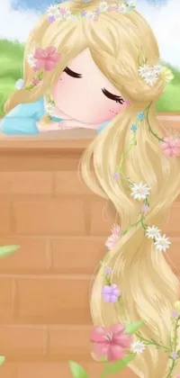 This live wallpaper features a blonde girl with long, milky way hair tied back in a loose braid with flower accents intertwined