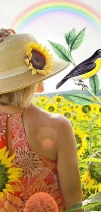 This stunning phone live wallpaper depicts a serene scene of a woman standing in a gorgeous field of sunflowers and wearing a black sun hat