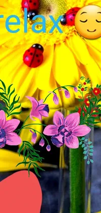 This lively phone live wallpaper displays a colorful vase filled with enchanting orchids and a darling ladybug, impressively rendered in detailed digital painting