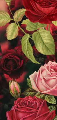 This stunning phone live wallpaper features a digital rendering of a beautiful bouquet of red and pink roses with green leaves gently swaying in the breeze on a sunny day