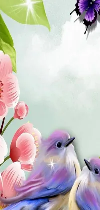 Looking for a stunning live wallpaper for your phone? Check out this beautiful digital art piece featuring two birds perched on a tree branch, with shining crystals and colorful clematis flowers adding a touch of elegance to the scene