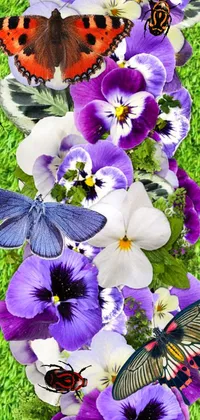 This stunning live wallpaper depicts a group of colorful butterflies resting on top of delicate purple and white flowers, set against a lush green grass and floral design