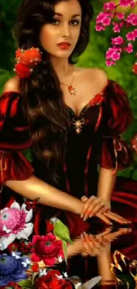 This stunning live wallpaper features a digital painting of a beautiful Mexican woman wearing a flowing red dress and draped in velvet and flowers