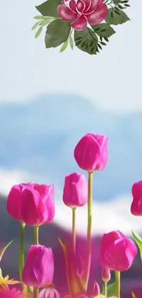 This stunning phone live wallpaper features beautiful pink tulips arranged in a lush green field