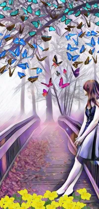 Decorate your phone screen with an enchanting live wallpaper! This breathtaking scene features a serene woman sitting on a bridge amidst a picturesque landscape dotted with colorful butterflies