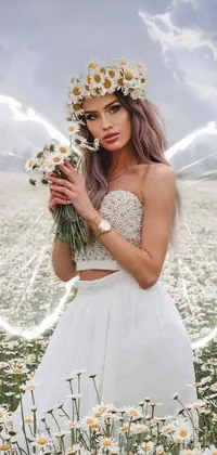 This live wallpaper boasts a digital artwork of a woman in a white dress surrounded by a field of daisies