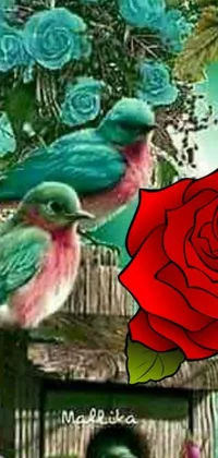 This beautiful live wallpaper showcases a pair of birds resting on top of a charming birdhouse surrounded by a stunning rose garden