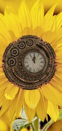 This phone live wallpaper features a steampunk-themed clock with intricate gears and cogs, in the center of a vibrant sunflower