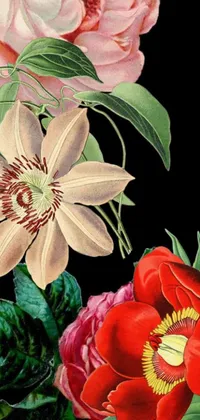 This live phone wallpaper showcases an elegant painting of flowers placed on a black backdrop