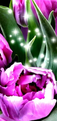 This phone live wallpaper showcases a digital art close-up of purple flowers with a magical feel