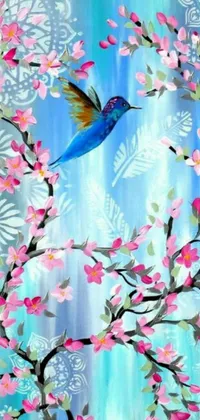 This phone live wallpaper showcases a stunning acrylic painting of a hummingbird in flight over a tree adorned with boho floral vines