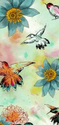 This phone live wallpaper features a stunning watercolor painting of birds and flowers, with an arabesque patterned background