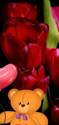 This live wallpaper depicts a cute teddy bear sitting next to a bunch of red tulips