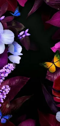 This stunning live wallpaper features vivid flowers and butterflies against a black background