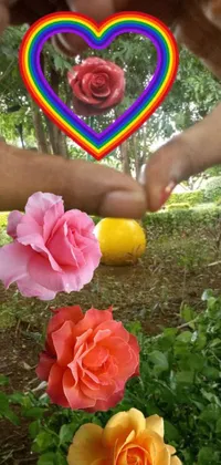 This live wallpaper features a heart-shaped figure made with hands and holding a rainbow tiger gem with flowers in the background
