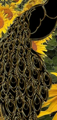 This stunning phone live wallpaper showcases a beautiful depiction of a peacock in a field of sunflowers