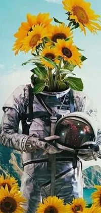 This captivating live phone wallpaper features an astronaut standing amidst a sunflower field that's sure to brighten up your phone's screen