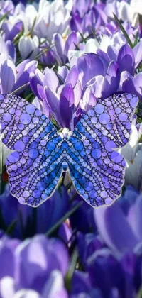 This phone live Wallpaper showcases a gorgeous butterfly resting on top of purple flowers in vivid digital art style