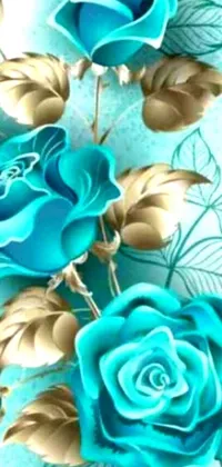 Looking for a truly stunning phone live wallpaper that will elevate your mobile device to a whole new level of beauty and elegance? Look no further than this breathtaking image showcasing a bouquet of exquisite blue roses, rendered in intricate digital art and set against a rich and vibrant backdrop, complete with shimmering metallic details in turquoise and gold