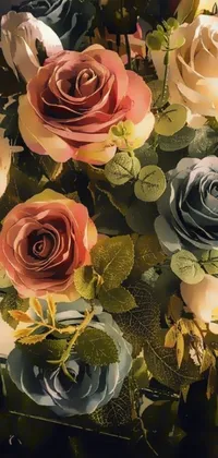 This is a stunning phone live wallpaper featuring a bouquet of decorative roses on a table