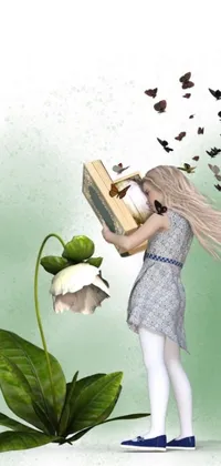 This live wallpaper features a stunning image of a girl holding a book in front of a blooming flower