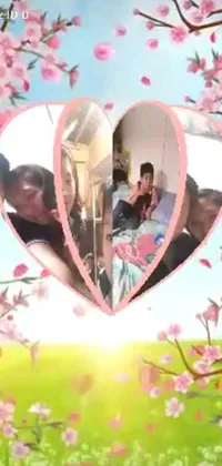 This live phone wallpaper showcases a heart shaped frame surrounding a romantic couple, set against a low-quality, Instagram-style background that changes according to the season