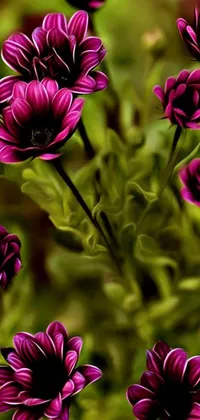 This live wallpaper for your phone features a stunning digital rendering of a vase filled with beautiful purple flowers sitting atop a table
