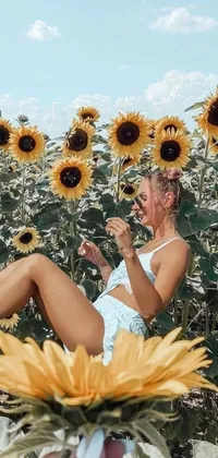 This phone live wallpaper features a young woman enjoying a sunny day in a blooming fields of sunflowers