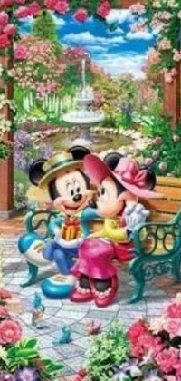 This delightful live wallpaper for phones features a beautiful painting of Disney characters on a bench in a flower garden