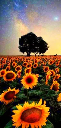 This stunning phone live wallpaper features a field of sunflowers under a starry night sky with a forest of trees in the distance