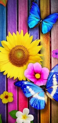 This phone live wallpaper showcases vibrant flowers and butterflies on a wooden backdrop, creating a colorful and eye-catching design for your device