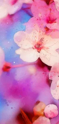 This phone live wallpaper features a breathtaking digital art of a close-up view of a colorful bunch of flowers against a cherry blossom background