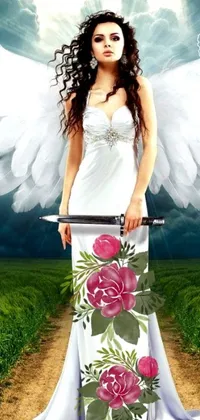 This wallpaper features an airbrush painting of a woman in a white dress holding a sword with wings made out of flowers